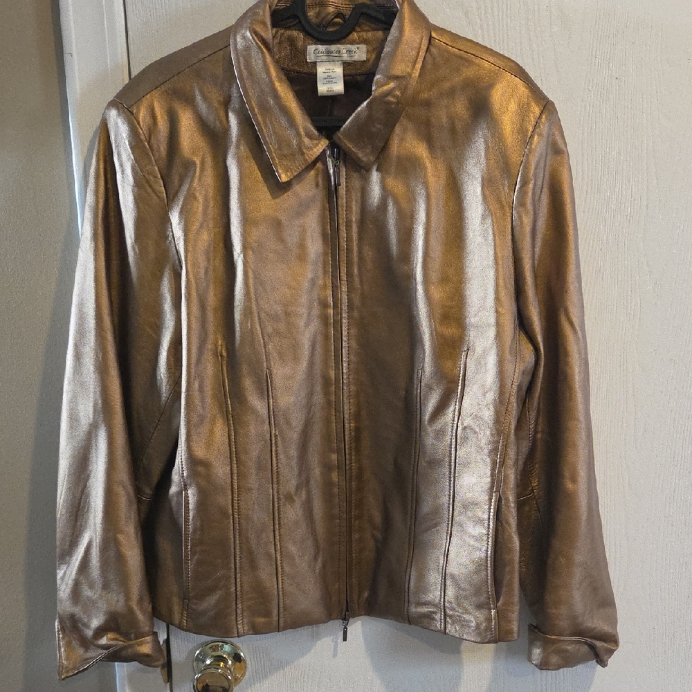 Coldwater Creek Metallic Gold Leather Zip Jacket